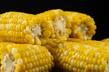 Fresh Hot Boiled Corn Cob on Black Background