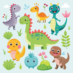 Fototapeta premium Adorable Cartoon Dinosaurs Collection: Cute Dino Characters, Plants & Clouds