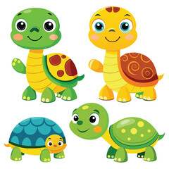 Obraz premium Cute Cartoon Turtles Collection - Adorable Green, Yellow, and Blue Tortoises