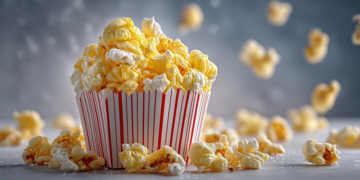 Overflowing popcorn in red-striped container on a gray background
