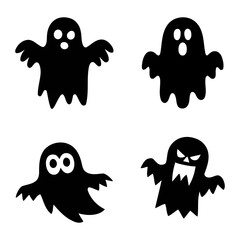 spooky black silhouettes of cute and scary ghosts. set of halloween ghosts