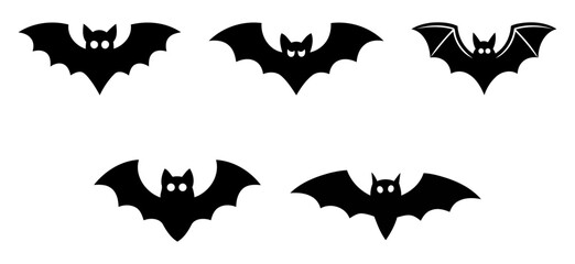 spooky black bats flying against a white background. halloween bat set