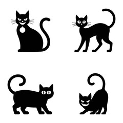 silhouetted black cats in different poses. set of funny cats