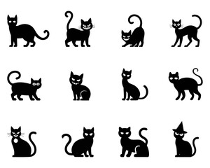 Collection of silhouette black cats in various poses. set of cats silhouettes