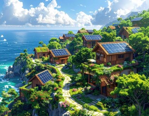 Obraz premium A picturesque village nestled on a hillside overlooking a tranquil ocean, showcasing sustainable wooden homes with solar panels.