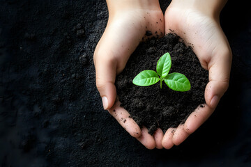 Hands tenderly holding soil with a small plant sprouting - conveying the concept of organic waste composting and natural recycling black background