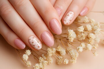 Elegant pink manicure with marble accent nails and delicate dried flowers on a soft beige background