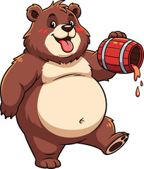 Cute cartoon bear holding a dripping honey barrel, happy smiling bear with honey, funny animal character illustration.