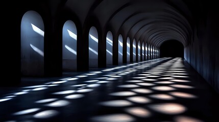 Dark mysterious tunnel corridor with dramatic light and shadow pattern from arched windows creating geometric shapes on floor, architectural perspective leading into darkness.