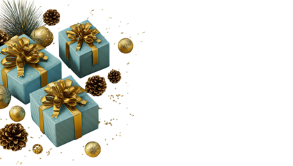 Light teal gift boxes with gold ribbon, surrounded by golden ornaments and pine cones, on a black background