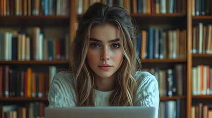 Young woman with blonde hair wearing white sweater sitting in library with bookshelves background, natural soft lighting creates moody atmospheric portrait.