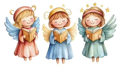Watercolor angels in pink, blue and green dresses singing from songbooks with golden halos and wings, creating magical holiday atmosphere for greeting cards and decor.