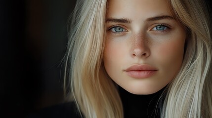 Young Caucasian woman with blonde hair and blue eyes wearing black turtleneck sweater against dark background, dramatic studio lighting creates moody portrait atmosphere.