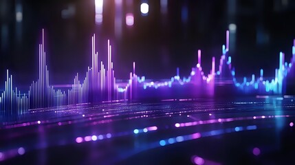 Glowing purple and blue financial chart with dynamic stock market data visualization showing trading analytics on dark background with bokeh effect.