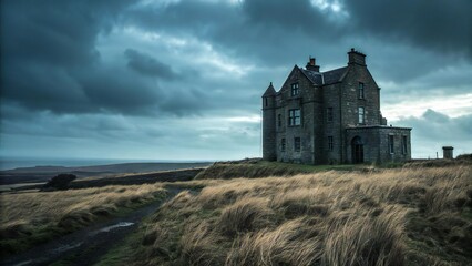Fototapeta premium A large stone house sits on a hill under a dramatic cloudy sky near the ocean landscape view scene