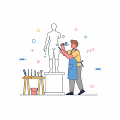 Artist sculpting a statue of a human figure with tools on a workbench