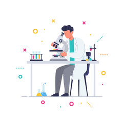 Scientist working in a modern laboratory, conducting research with a microscope and test tubes