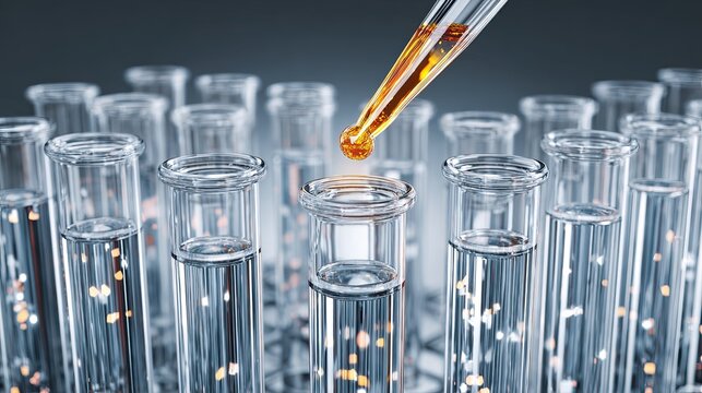 Laboratory test tubes with pipette drop of orange liquid for research and science experiment