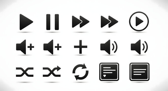 Media Controls: Minimalist collection of sleek, black media control icons including play, pause, skip, volume, and other media related symbols, all on a clean, modern canvas.