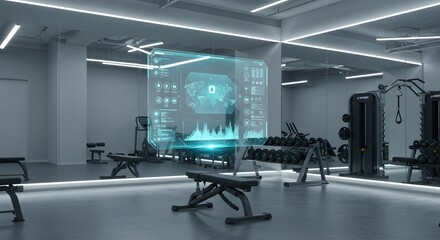 Futuristic gym interior with holographic fitness data display.