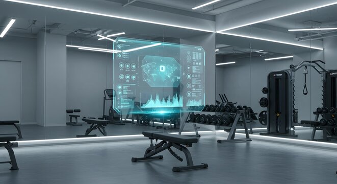 Futuristic gym interior with holographic fitness data display.