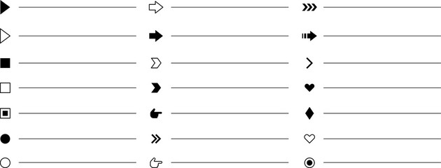Bullet points. List icon set with geometric shapes, arrows, stars, hearts. Minimal user interface elements for apps, websites, infographics, UI UX design, web development, presentations