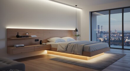 A modern minimalist bedroom with a floating bed illuminated by warm LED lights and a large window overlooking a city skyline at dusk.