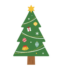 Fototapeta premium クリスマスツリーのイラスト モミの木 星 オーナメント 12月 フラット 行事 イベント 飾り 装飾