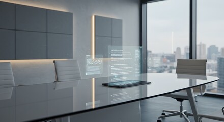 Modern boardroom interior with a holographic display floating above the conference table, overlooking a city.