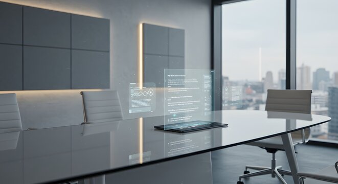 Modern boardroom interior with a holographic display floating above the conference table, overlooking a city. - Powered by Adobe