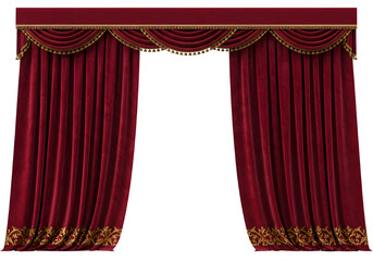 Elegant long red curtain, perfect for stage, theater, interior design, decoration, and presentation use. Isolated on white or transparent background. PNG format.