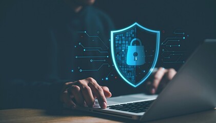 A focused individual sits at a wooden desk, intently using their laptop to click on the security icon, ensuring their online safety and privacy.
