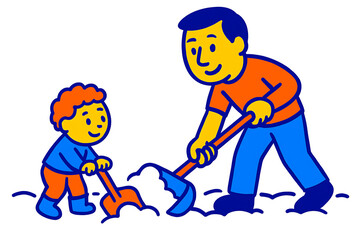 Digging into the day together in winter sunshine with child