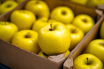 Fresh golden yellow apples in cardboard box at market or grocery store close-up