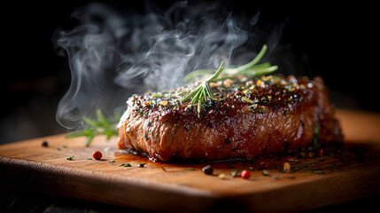 Savor the rich, juicy aroma of a perfectly seasoned steak, steaming hot and ready to delight your senses with every bite.