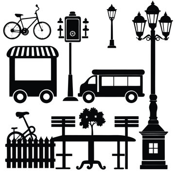 Urban street scene with transportation and furniture silhouettes