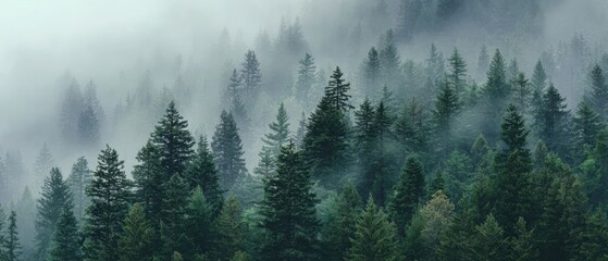 The Evergreen Forest Shrouded in Mist with Rolling Fog and Layered Pine Trees