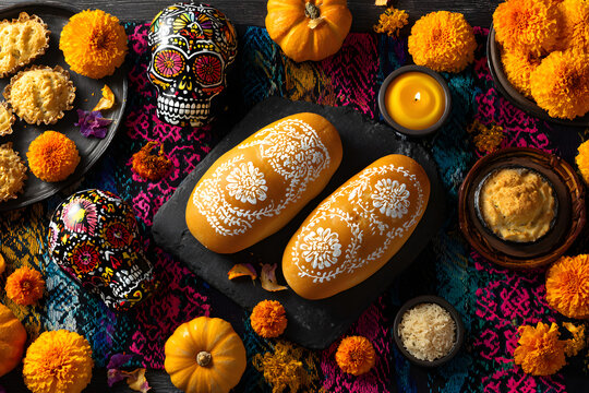 Day of the dead, Dia De Los Muertos Celebration Backround With sugar Skull, caaverita, marigolds or cempsuchil flowers, bread of dath or Pan de Muerto with opy Space. Traditional Mexcan culture