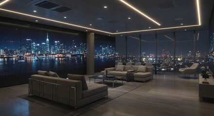 Luxury apartment living room at night, showcasing stunning city skyline view.