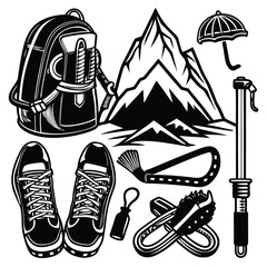 Detailed black and white vector illustration set of mountaineering and hiking equipment, featuring a backpack, shoes, climbing tools, and mountains.