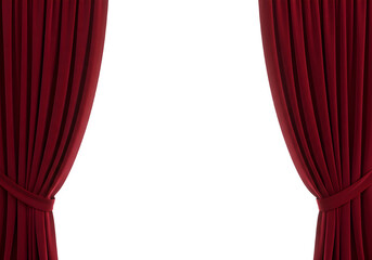 Elegant long red curtain, perfect for stage, theater, interior design, decoration, and presentation use. Isolated on white or transparent background. PNG format.