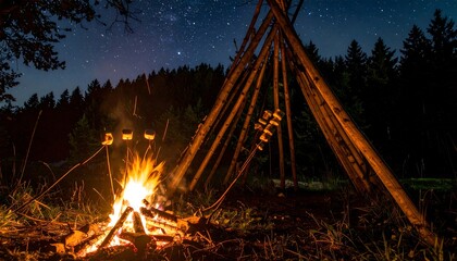 Night campfire with marshmallows roasting