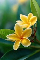 Fototapeta premium Close-Up of Vibrant Yellow Plumeria Flowers Blooming in Nature