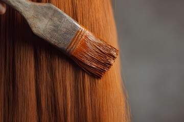 Woman applying natural henna dye to hair using wooden brush in rustic decorative bowl, close-up view of organic hair coloring process