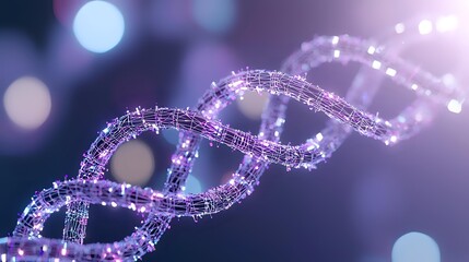 Glowing DNA strand structure with sparkles and bokeh effect on dark purple background, scientific molecular concept for genetics and biotechnology research.
