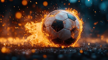 Soccer ball ablaze in fiery flames