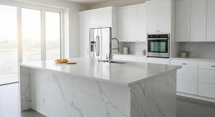 A bright, modern kitchen showcases a large white marble-patterned island, sleek cabinets, and stainless steel appliances under natural light.