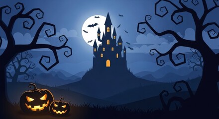 Spooky haunted castle on a hill under a full moon with bats and jackolanterns