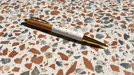 Elegant wooden and white pen with gold accents rests on a textured terrazzo surface, showcasing sophisticated design and luxury.