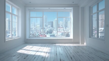 Fototapeta premium empty house modern window light floor design apartment white home indoor. blank minimal conceptual background bright clean.